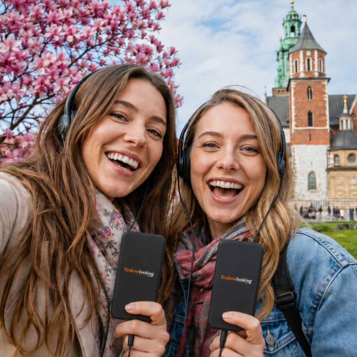 Amiche che si scattano un selfie con audioguide KrakowBooking sulla collina del Wawel a Cracovia