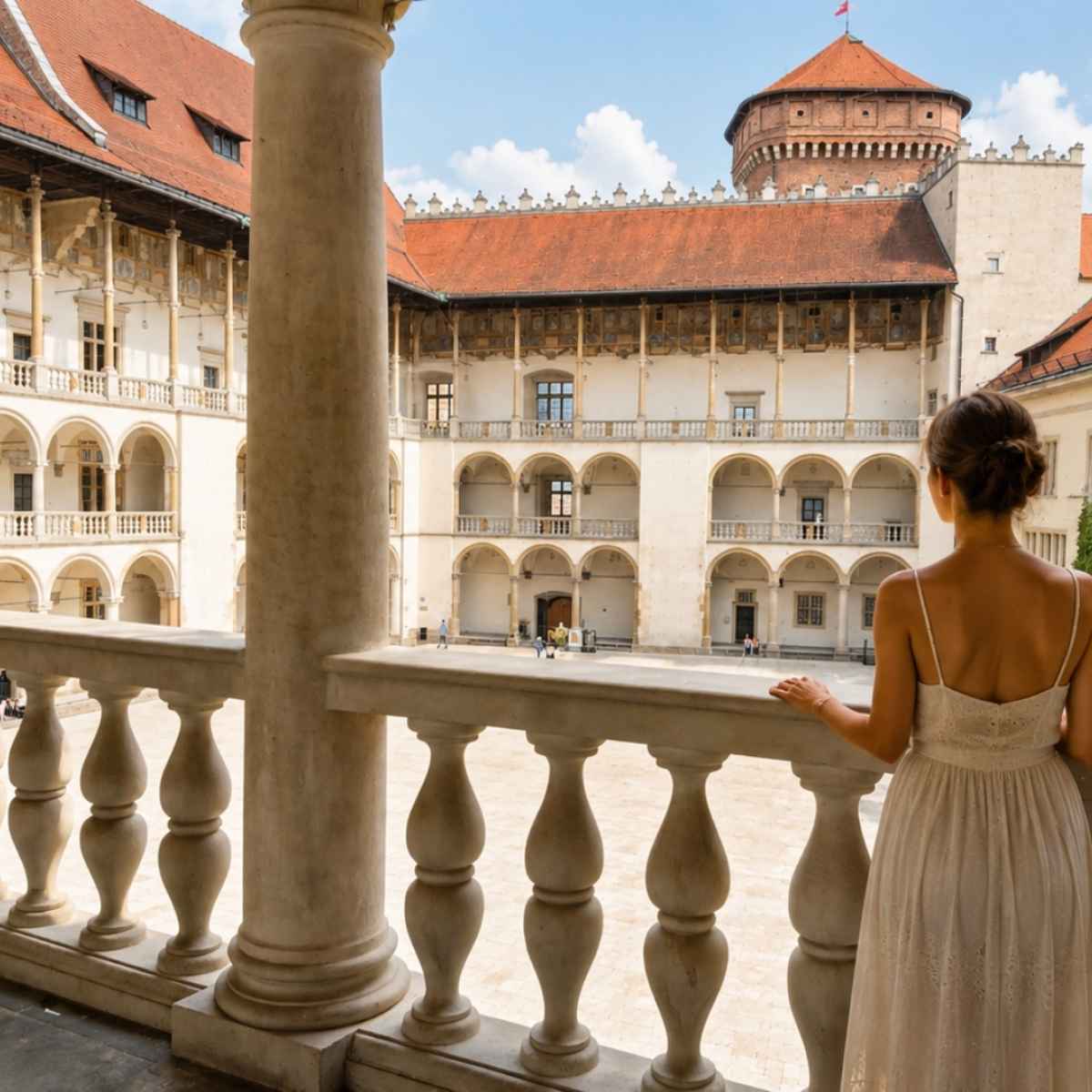 Donna in abito estivo nei chiostri del Wawel a Cracovia