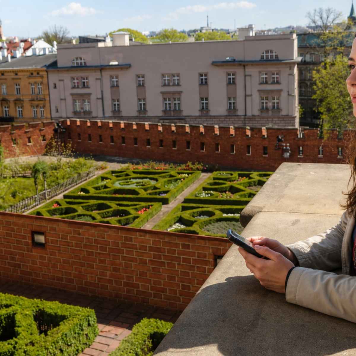 : Donna che ascolta un’audioguida con vista sui giardini del Wawel a Cracovia